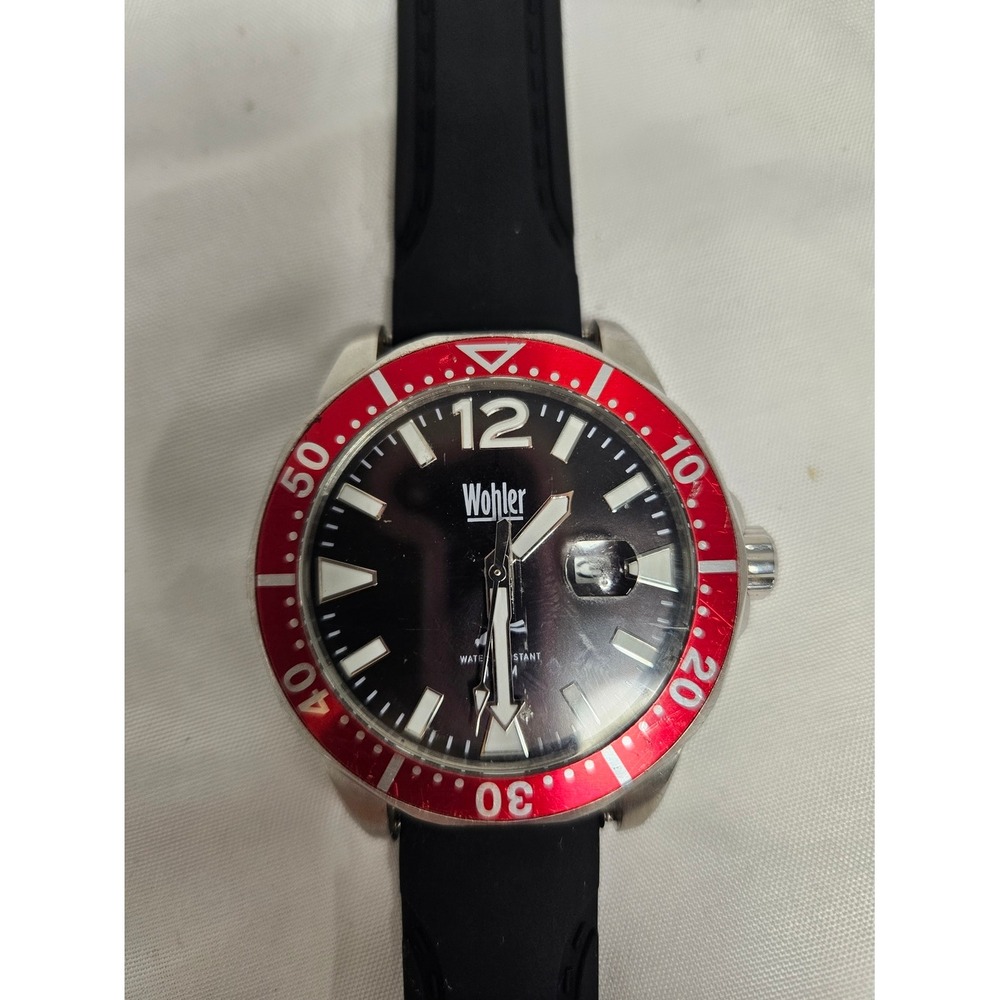 Wohler Diver Down Mens Watch Red Bezel Black Dial Silicone Strap 10ATM‎ 16063